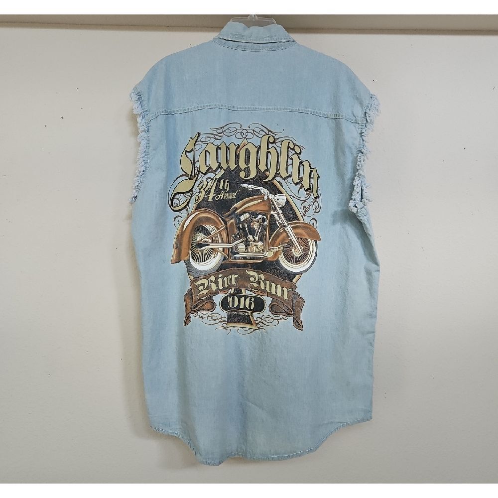 BIKER WEAR USA Blue Casual Button Down Shirt with Graphic Design